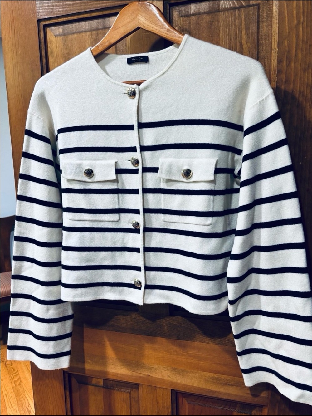 MASSIMO DUTTI PALE ECRU Striped Knit Cardigan